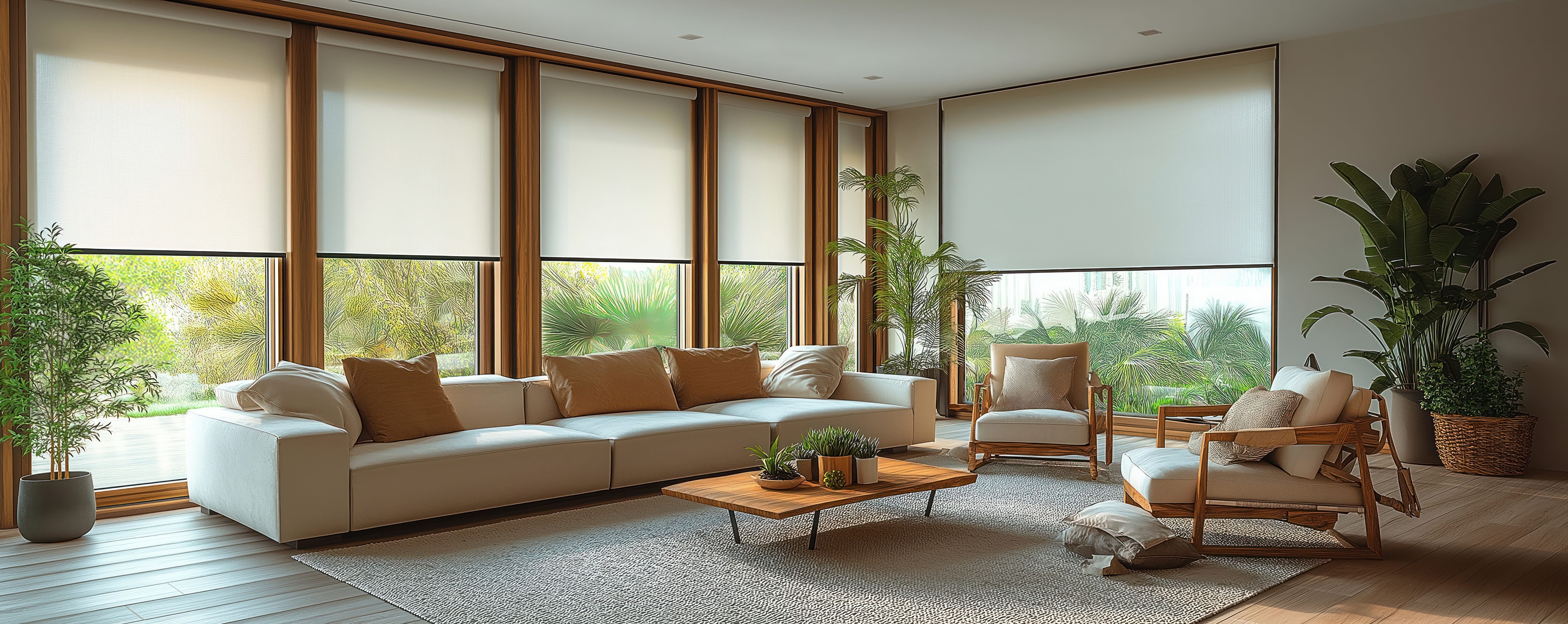 Modern living room interior with stylish window blinds and natural lighting