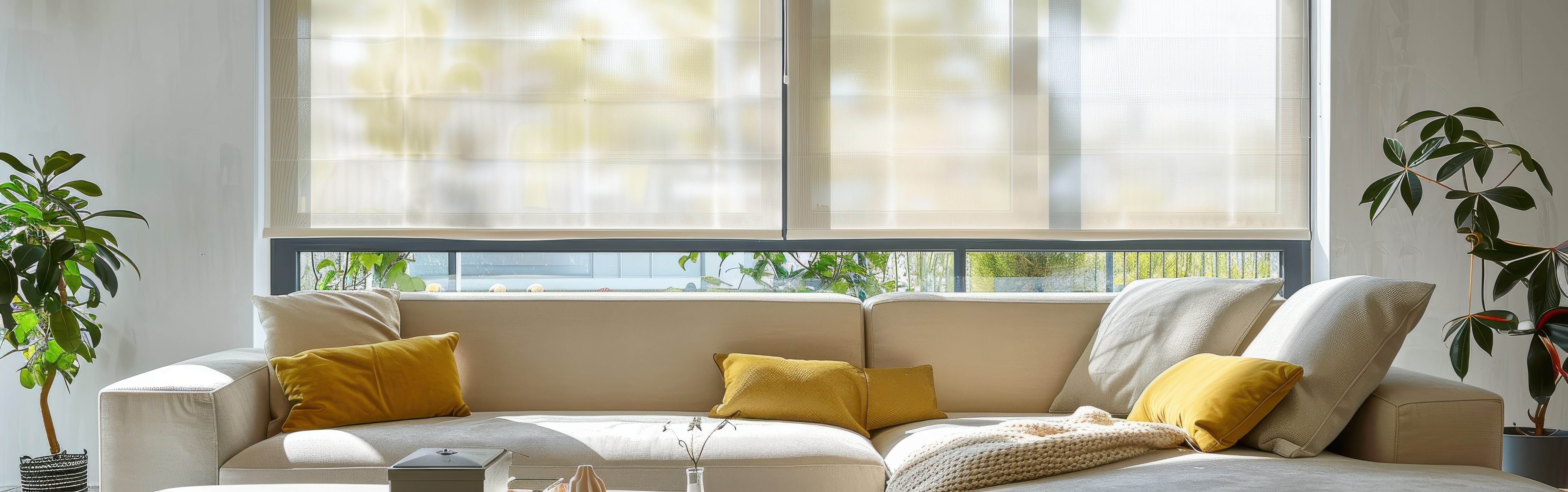 Vertical blinds installed on wide glass windows in modern home interior